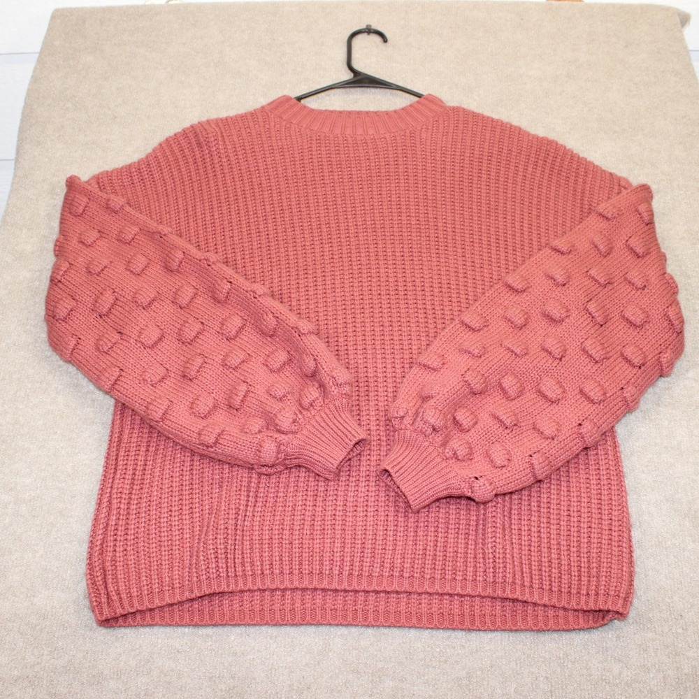 &merci Womens Popcorn Bubble Sleeve Knit Sweater Rose Pink Crew Neck Medium